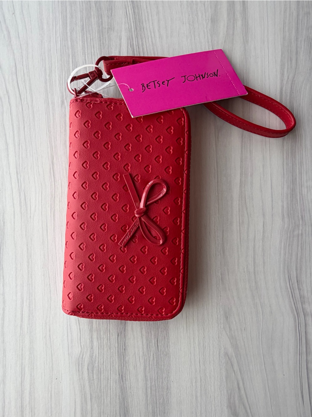 Betsey Johnson Red Heart-Embossed Wristlet with Bow